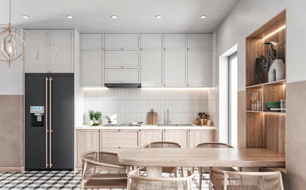 Mobiliario de madera moderna en un salón, combinando diseño minimalista y materiales innovadores.