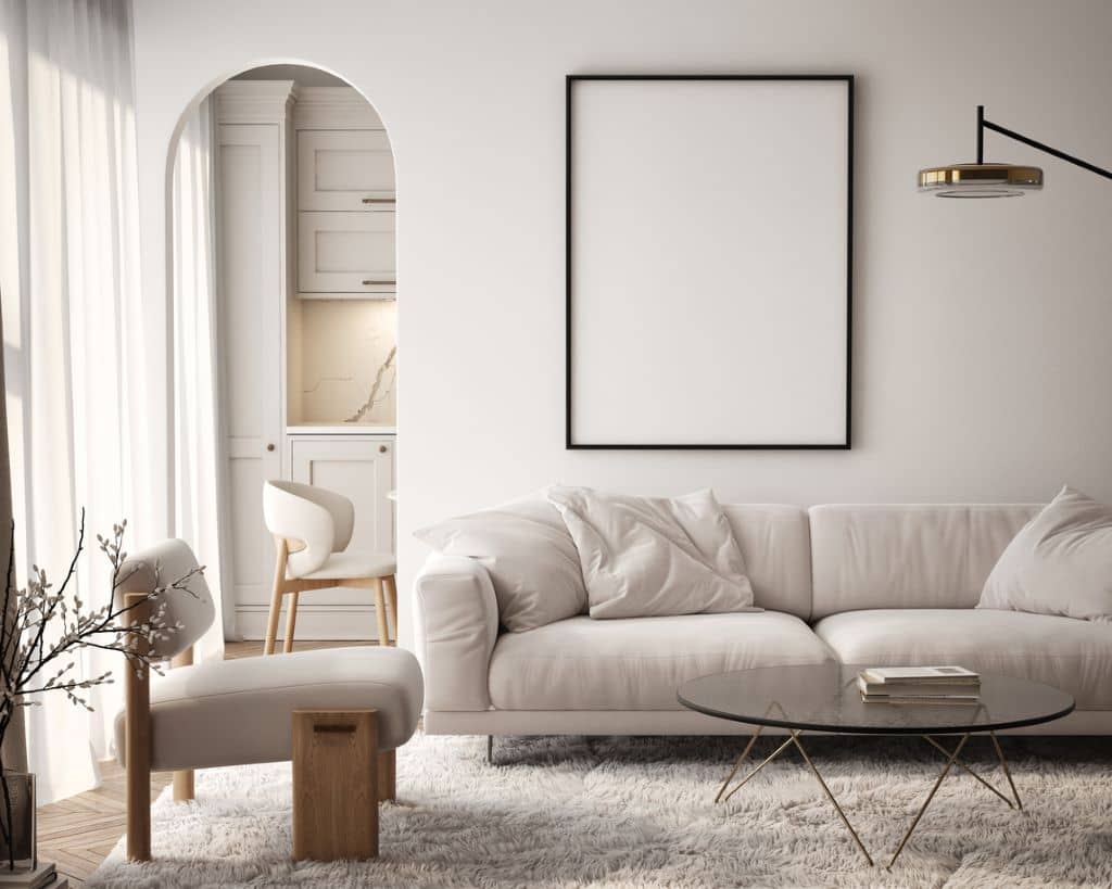 Moqueta de lujo en tonos neutros en una sala de estar elegante y moderna. 