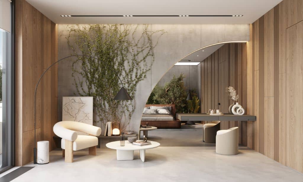 Interiores modernos decorados con Pladur: paredes texturizadas, techos suspendidos con iluminación LED y estanterías empotradas. 